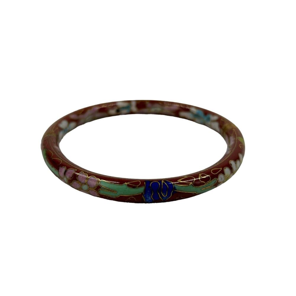 Hinged Bangle Bracelet Cloisonne Multicolor Flowers Brown Enamel Chinese Export